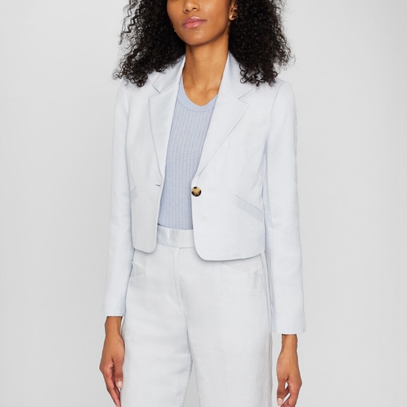 Cropped Linen Blend Blazer - New With Tags - NEVER WORN - Slate Blue - Picture 1 of 5